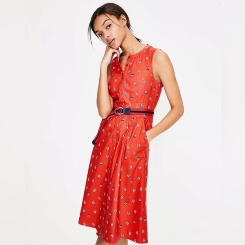 Boden Leila Red Shirt Dress Ballet Slipper Shoe Print Red Sz 6P Pockets $128 EUC